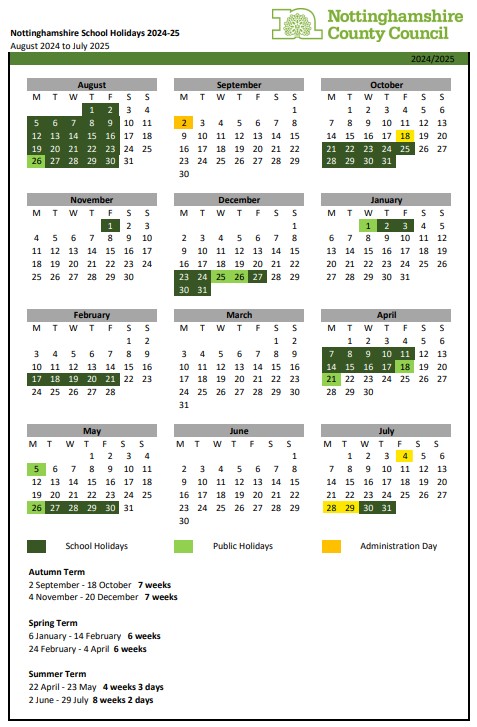 Term Dates and School Holidays Calendar September 2024 to July 2025 with Inset Days
