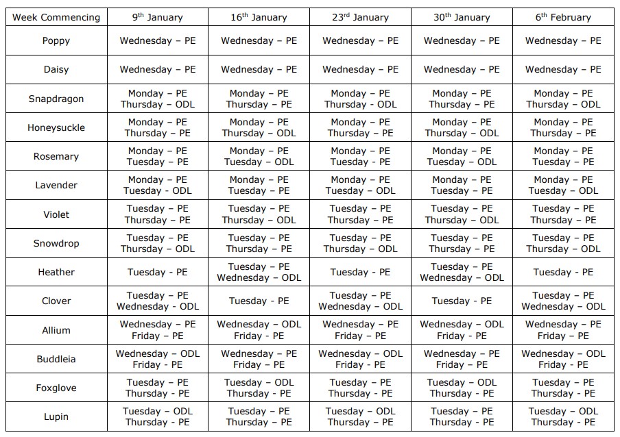 PE Outdoor Learning timetable Spring 1 2023