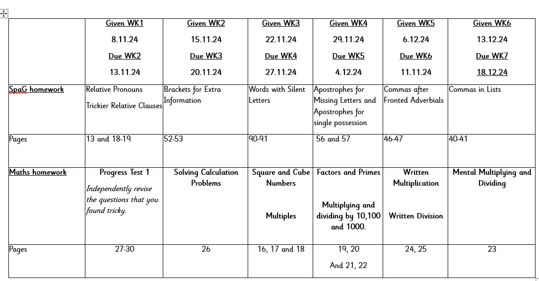 homework timetable aut2 24